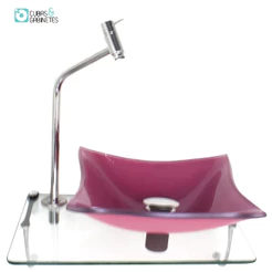 KIT CUBA DE VIDRO QUADRADA 10MM ROSA COM TAMPO 40CM INCOLOR E SUPORTE CROMADO