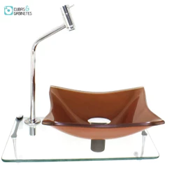 KIT CUBA DE VIDRO QUADRADA 10MM ROSE GOLD COM TAMPO 40CM INCOLOR E SUPORTE CROMADO