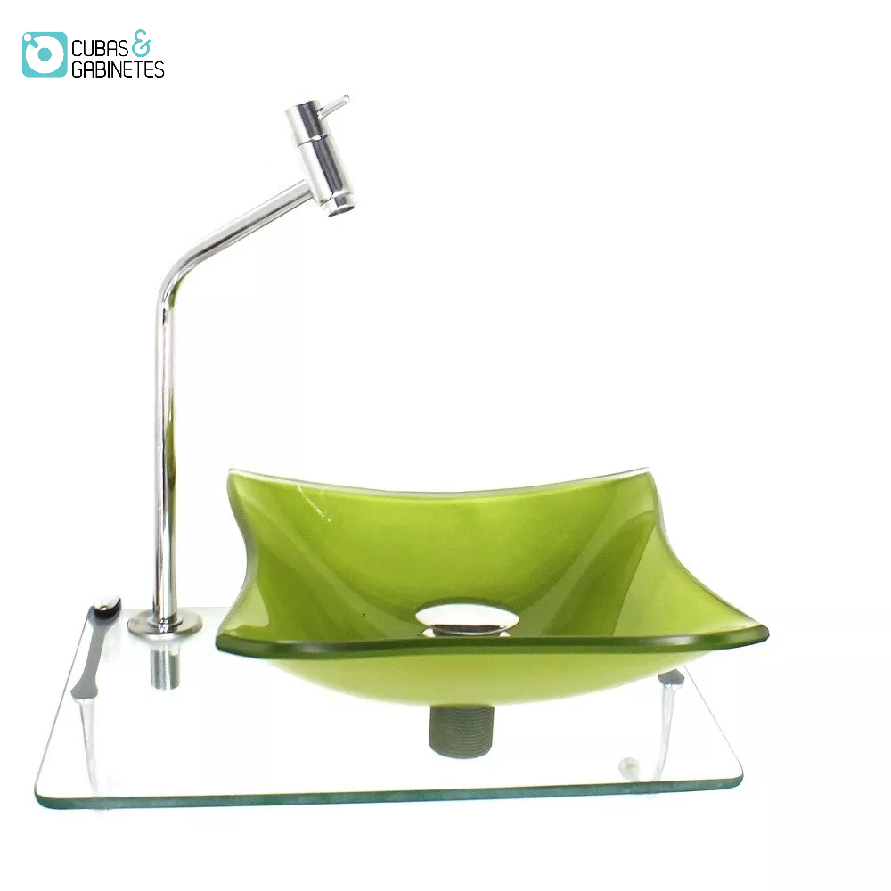 KIT CUBA DE VIDRO QUADRADA 10MM VERDE OLIVA COM TAMPO 40CM INCOLOR E SUPORTE CROMADO