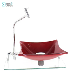 KIT CUBA DE VIDRO QUADRADA 10MM VERMELHO FERRARI COM TAMPO 40CM INCOLOR E SUPORTE CROMADO