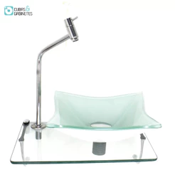 KIT CUBA DE VIDRO QUADRADA 10MM BRANCA COM TAMPO 40CM INCOLOR E SUPORTE CROMADO
