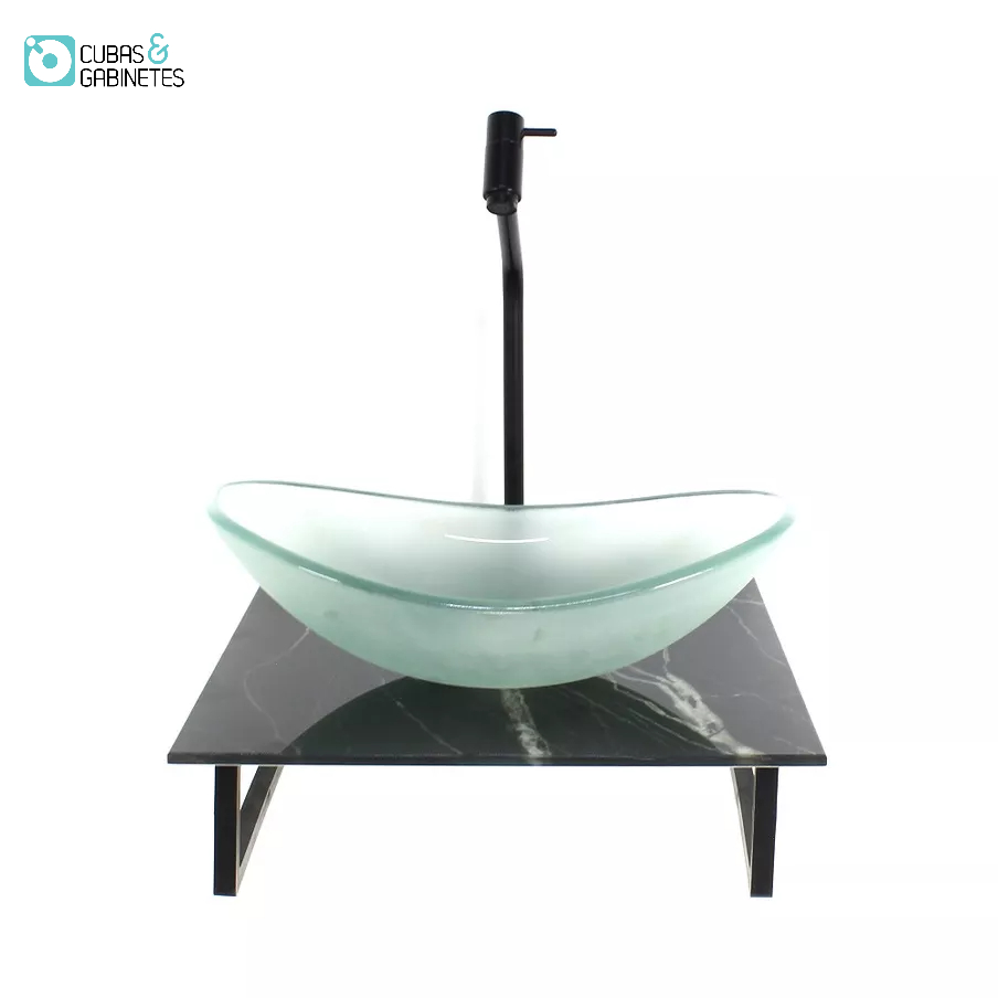 KIT CUBA DE VIDRO OVAL 10MM JATEADA COM TAMPO DE VIDRO 40CM X 40CM MÁRMORE PRETO E SUPORTE PRETO