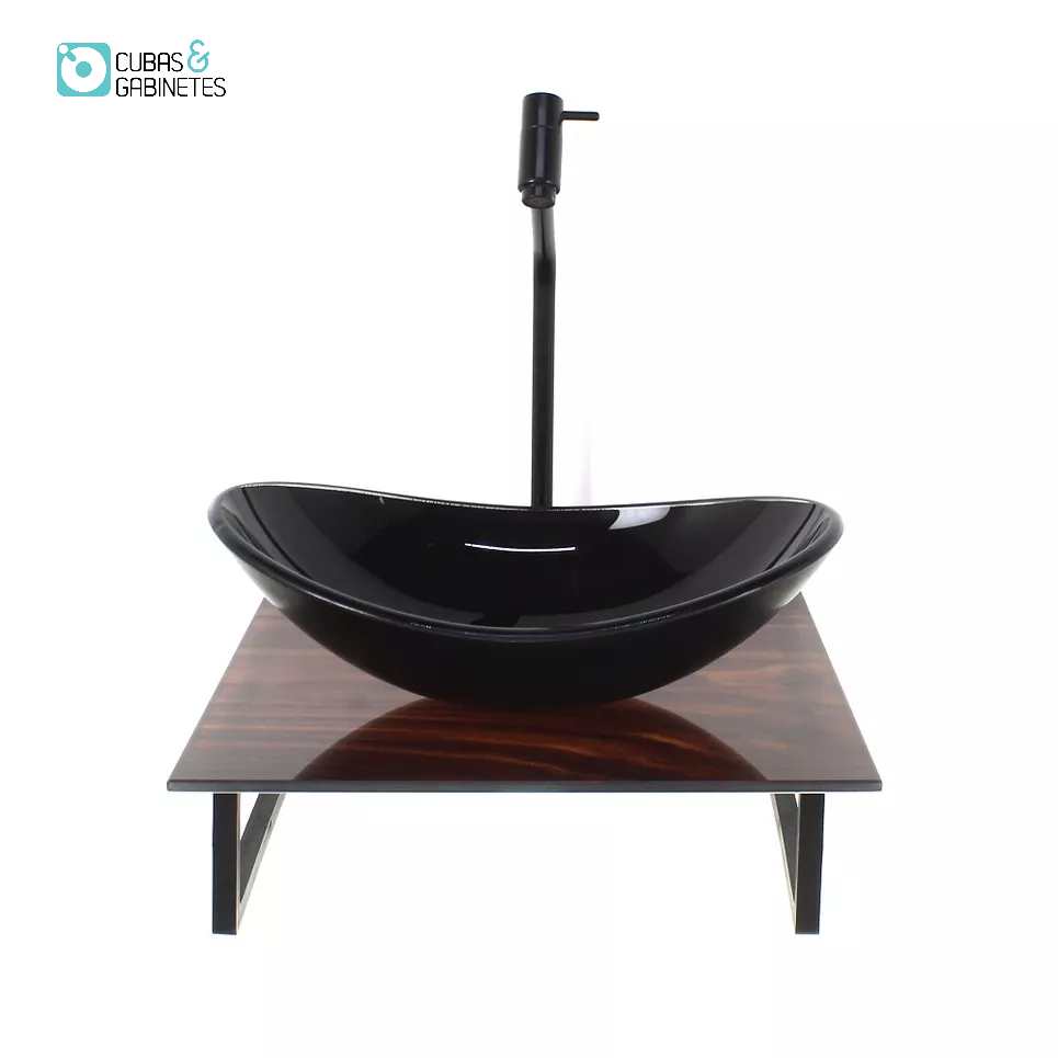 KIT CUBA DE VIDRO OVAL 10MM COM TAMPO DE VIDRO 40CM X 40CM MADEIRA NOGUEIRA E SUPORTE PRETO