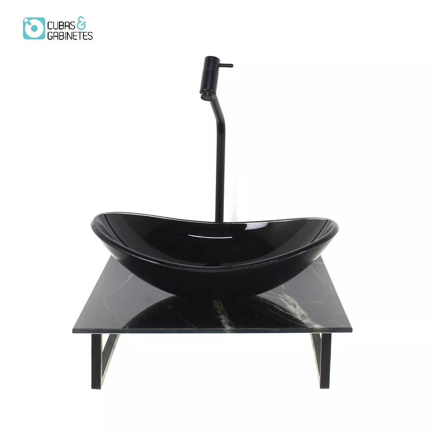 KIT CUBA DE VIDRO OVAL 10MM COM TAMPO DE VIDRO 40CM X 40CM MÁRMORE PRETO E SUPORTE PRETO