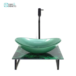 KIT CUBA DE VIDRO OVAL 10MM COM TAMPO DE VIDRO 40CM X 40CM MÁRMORE VERDE E SUPORTE PRETO