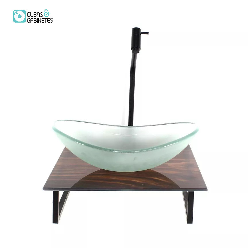 KIT CUBA DE VIDRO OVAL 10MM JATEADA COM TAMPO DE VIDRO 40CM X 40CM MADEIRA NOGUEIRA E SUPORTE PRETO