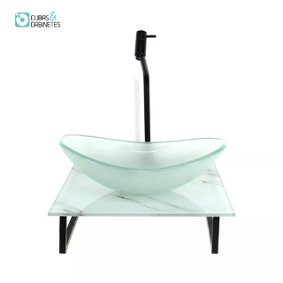 KIT CUBA DE VIDRO OVAL 10MM JATEADA COM TAMPO DE VIDRO 40CM X 40CM MÁRMORE BRANCO E SUPORTE PRETO em Oferta na Shopee