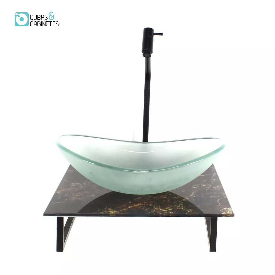 KIT CUBA DE VIDRO OVAL 10MM JATEADA COM TAMPO DE VIDRO 40CM X 40CM MÁRMORE IMPERDADOR E SUPORTE PRETO
