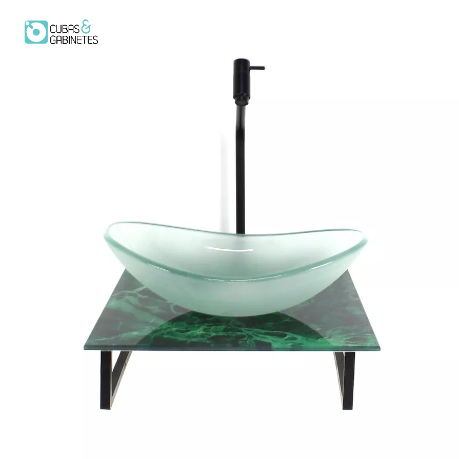 KIT CUBA DE VIDRO OVAL 10MM JATEADA COM TAMPO DE VIDRO 40CM X 40CM MÁRMORE VERDE E SUPORTE PRETO