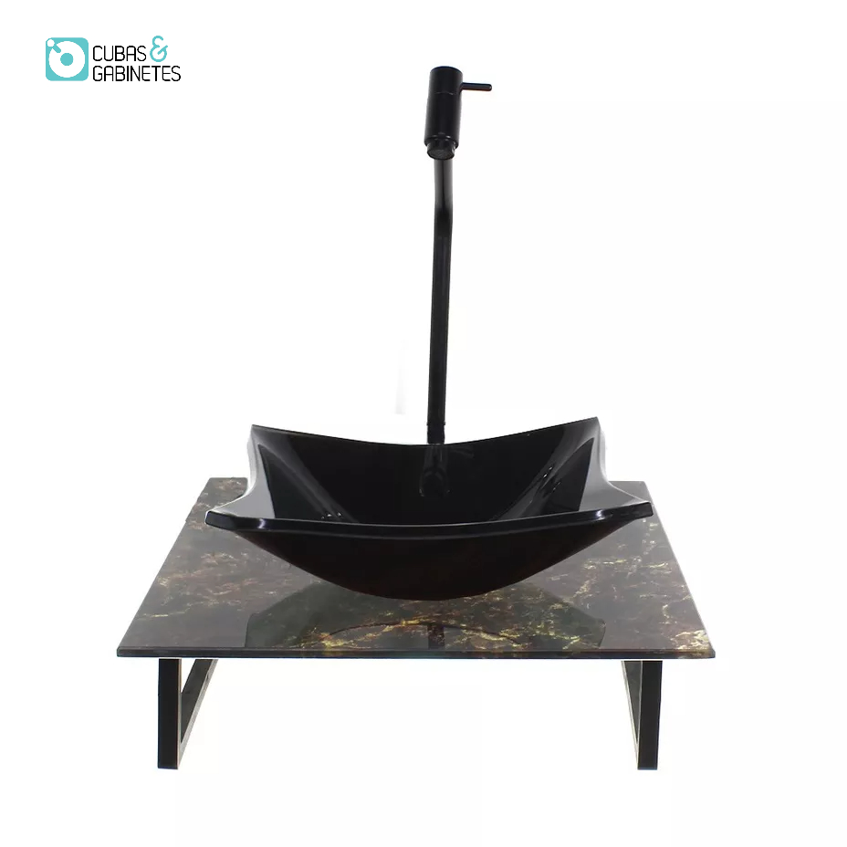 KIT CUBA DE VIDRO QUADRADA 10MM COM TAMPO DE VIDRO 40CM X 40CM MÁRMORE IMPERDADOR E SUPORTE PRETO