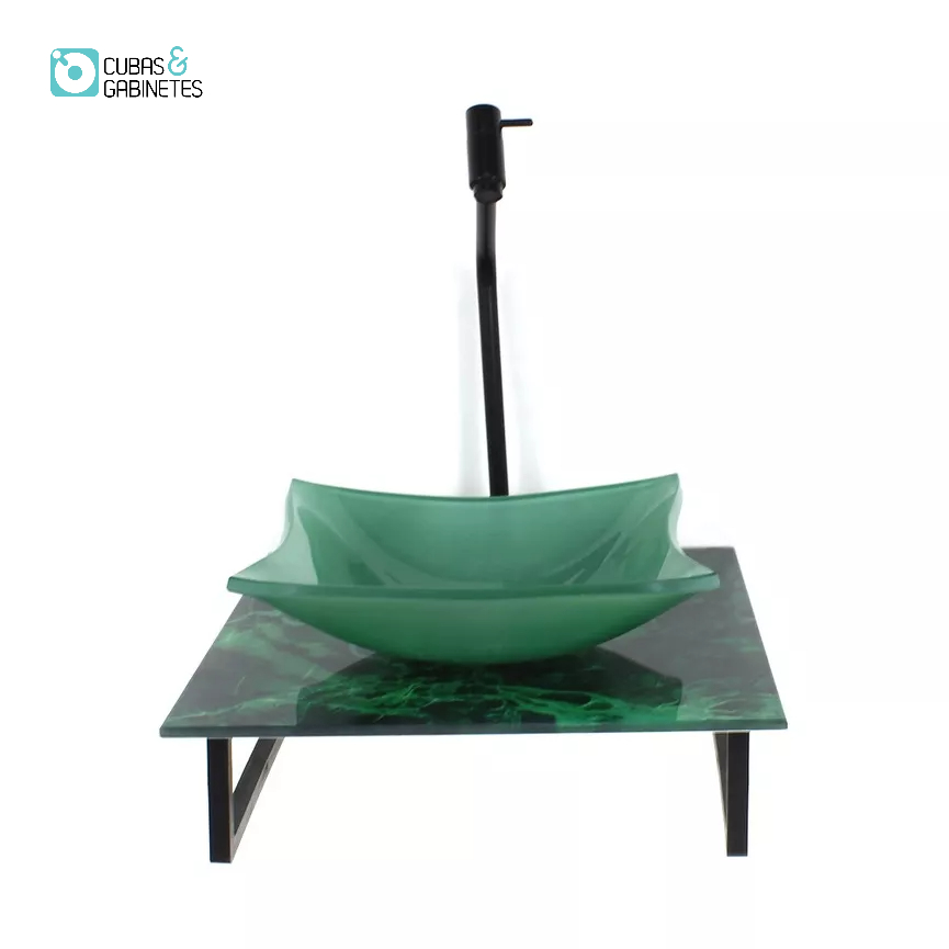 KIT CUBA DE VIDRO QUADRADA 10MM COM TAMPO DE VIDRO 40CM X 40CM MÁRMORE VERDE E SUPORTE PRETO