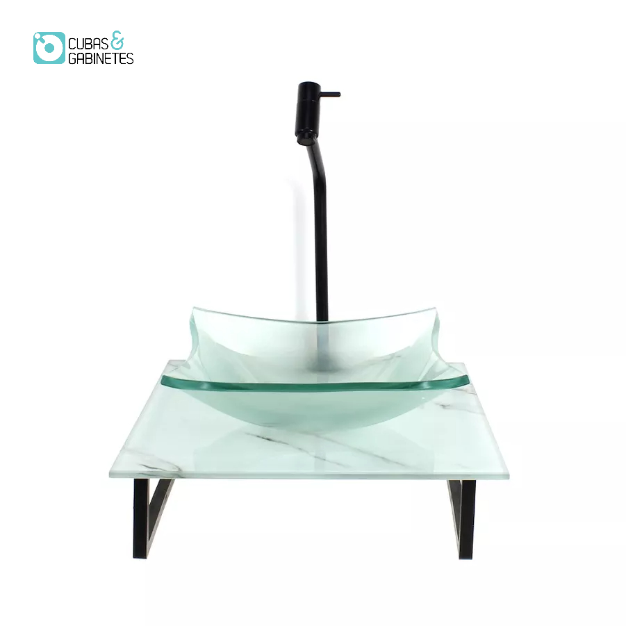 KIT CUBA DE VIDRO QUADRADA 10MM INCOLOR COM TAMPO DE VIDRO 40CM X 40CM MÁRMORE BRANCO E SUPORTE PRETO