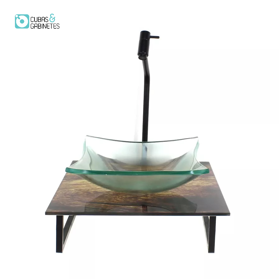 KIT CUBA DE VIDRO QUADRADA 10MM INCOLOR COM TAMPO DE VIDRO 40CM X 40CM MADEIRA RUSTICA E SUPORTE PRETO