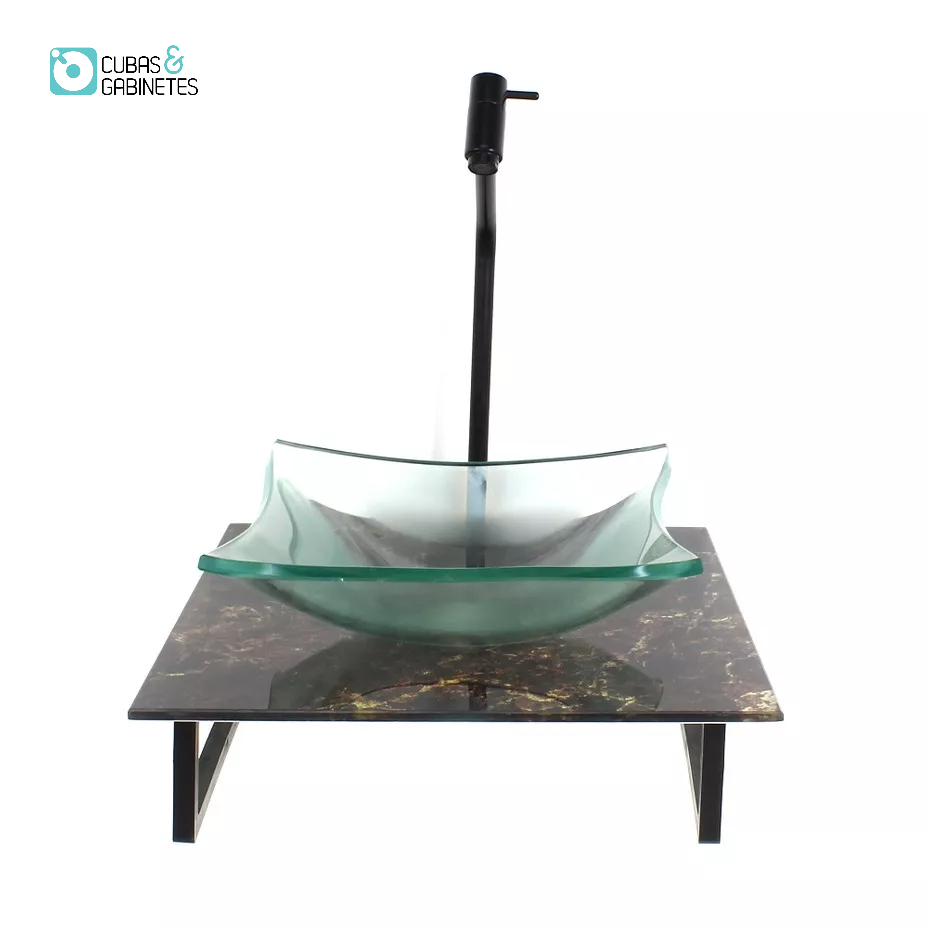 KIT CUBA DE VIDRO QUADRADA 10MM INCOLOR COM TAMPO DE VIDRO 40CM X 40CM MÁRMORE IMPERDADOR E SUPORTE PRETO