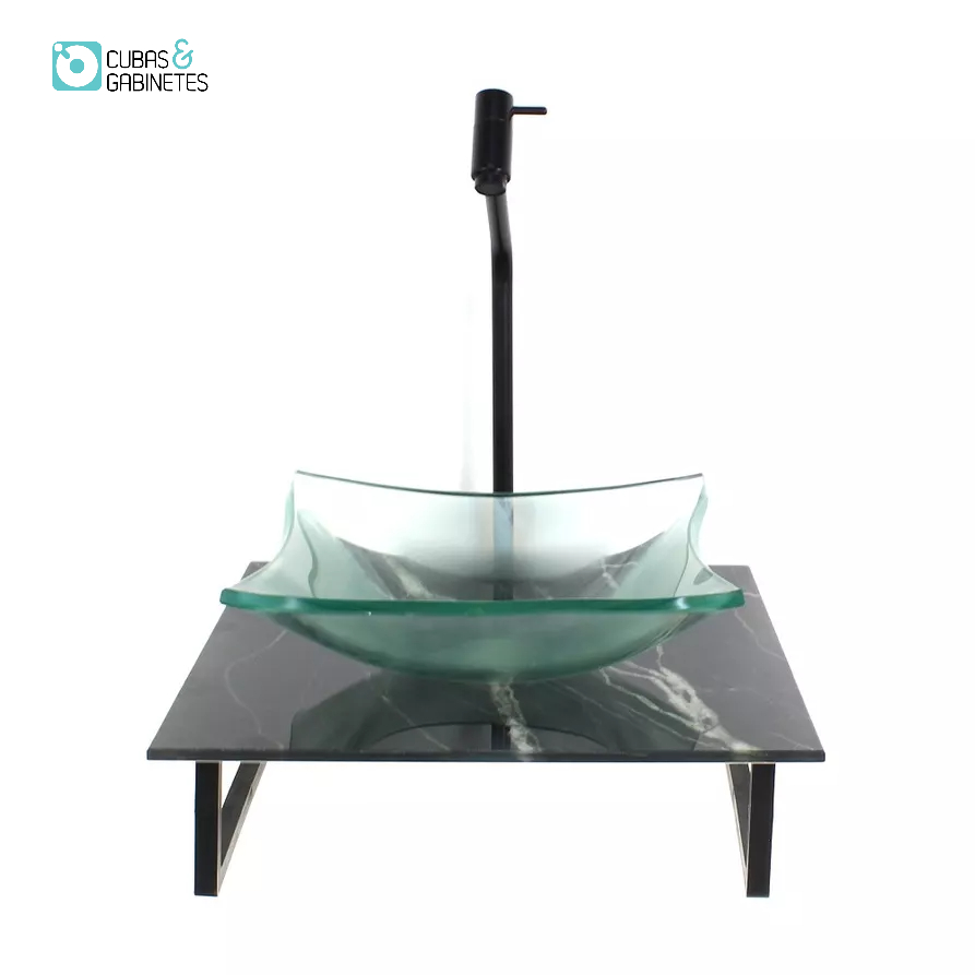 KIT CUBA DE VIDRO QUADRADA 10MM INCOLOR COM TAMPO DE VIDRO 40CM X 40CM MÁRMORE PRETO E SUPORTE PRETO