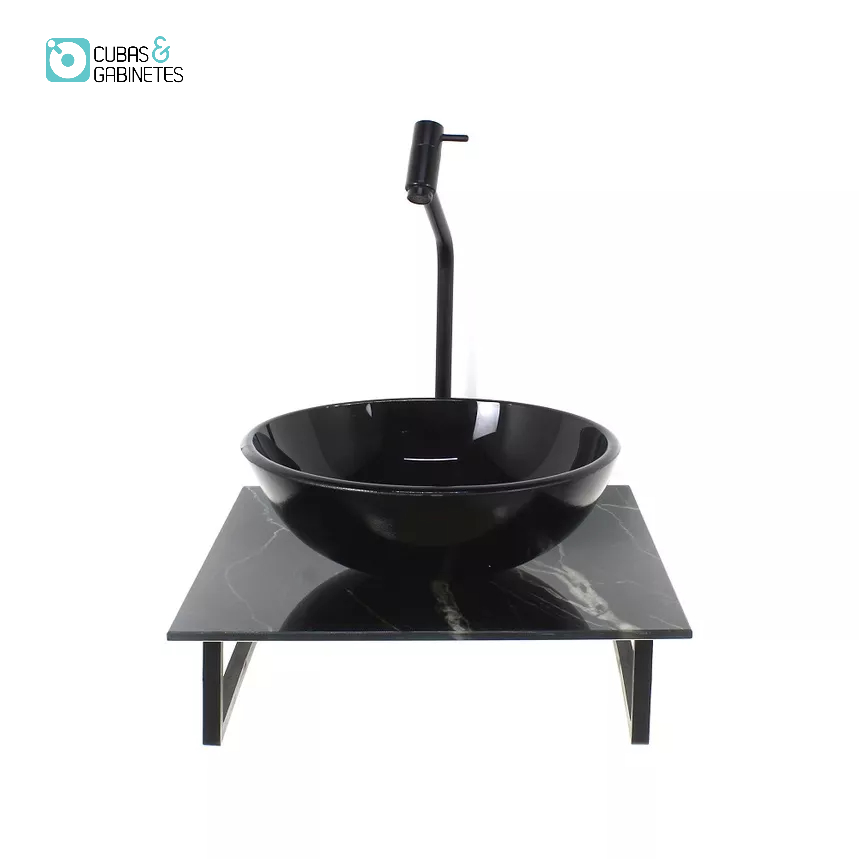 KIT CUBA DE VIDRO REDONDA 10MM COM TAMPO DE VIDRO 40CM X 40CM MÁRMORE PRETO E SUPORTE PRETO