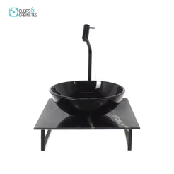 KIT CUBA DE VIDRO REDONDA 10MM COM TAMPO DE VIDRO 40CM X 40CM MÁRMORE PRETO E SUPORTE PRETO