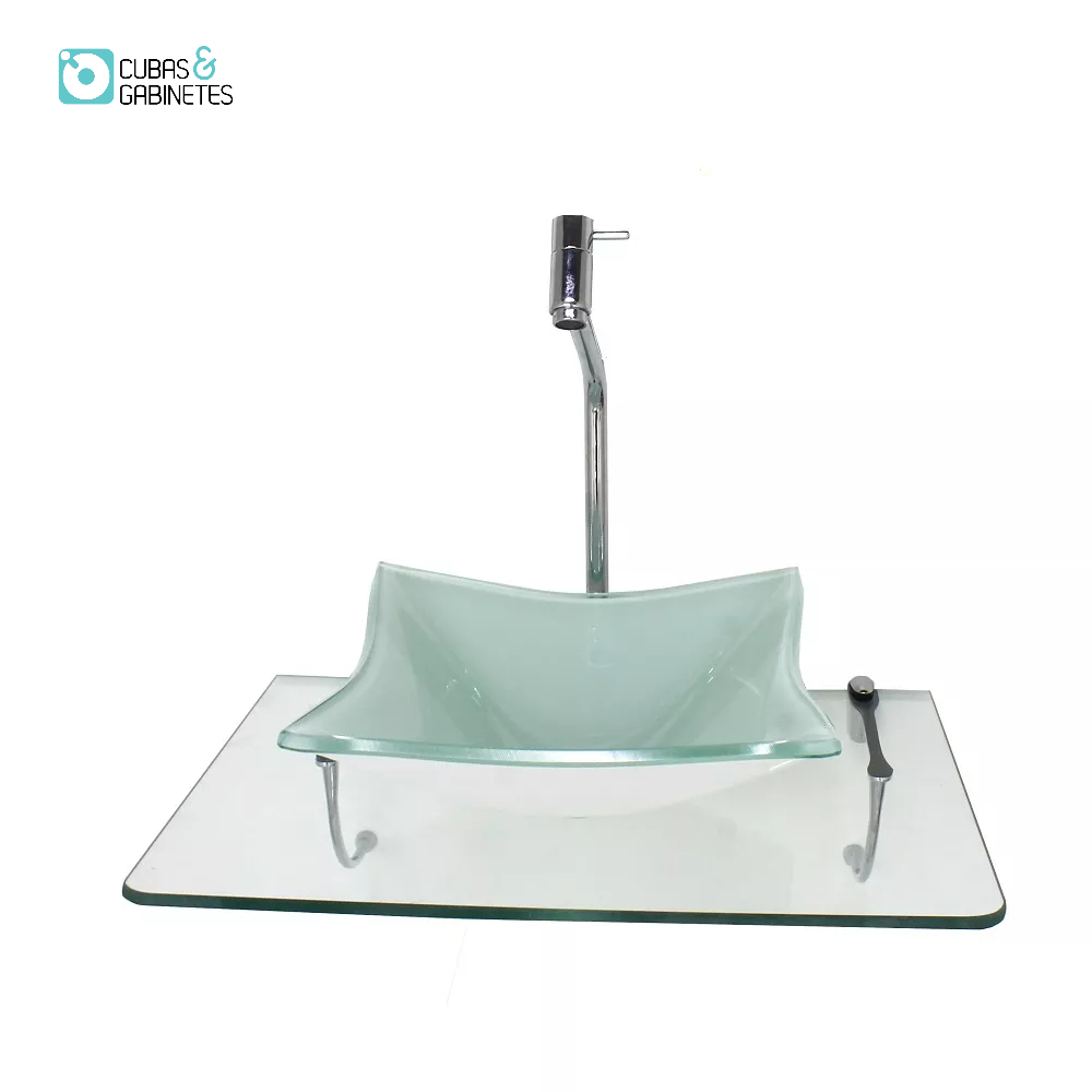 KIT CUBA DE VIDRO QUADRADA 10MM BRANCA COM TAMPO 50CM INCOLOR E SUPORTE CROMADO