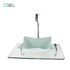 KIT CUBA DE VIDRO QUADRADA 10MM BRANCA COM TAMPO 50CM INCOLOR E SUPORTE CROMADO