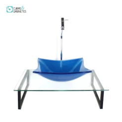 KIT CUBA DE VIDRO QUADRADA 10MM AZUL ESCURO COM TAMPO 50CM INCOLOR E SUPORTE PRETO