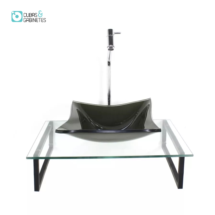 KIT CUBA DE VIDRO QUADRADA 10MM OURO ENVELHECIDO COM TAMPO 50CM INCOLOR E SUPORTE PRETO