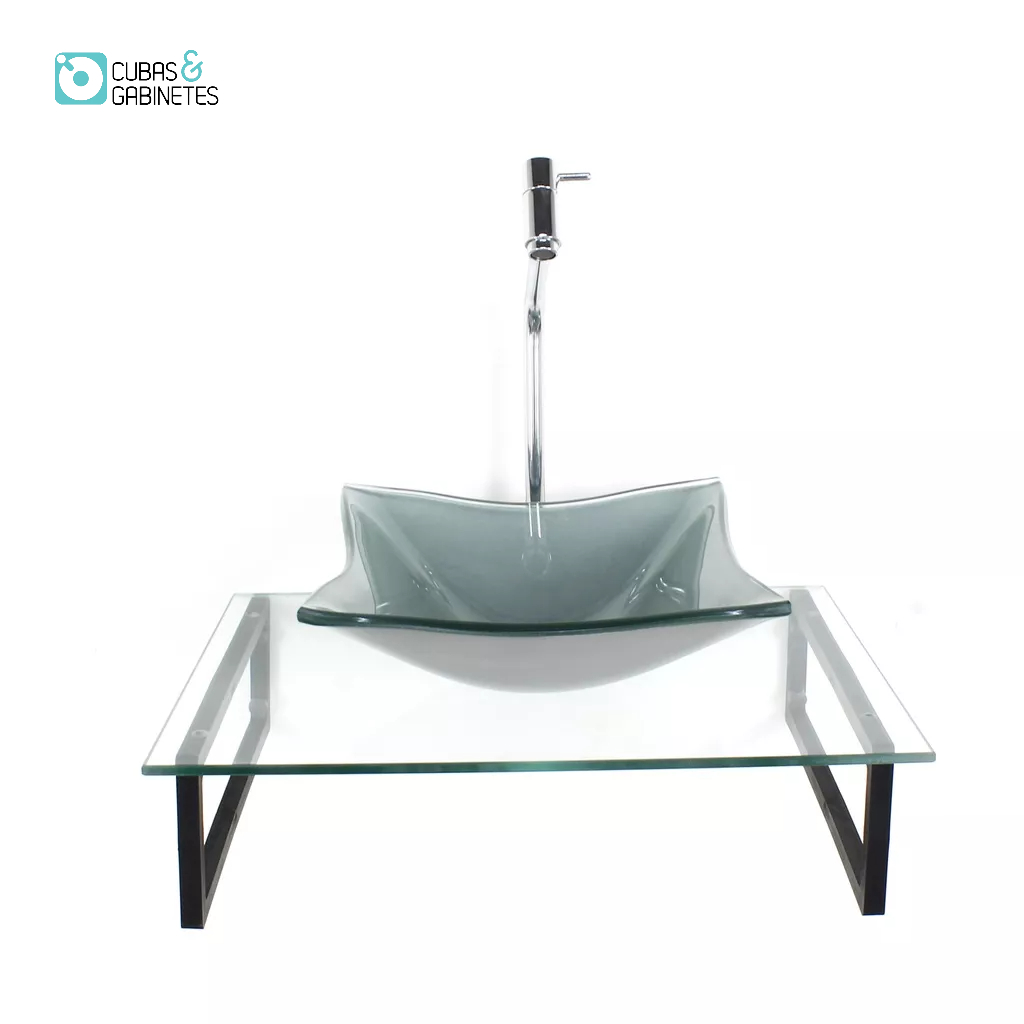 KIT CUBA DE VIDRO QUADRADA 10MM PRATA COM TAMPO 50CM INCOLOR E SUPORTE PRETO