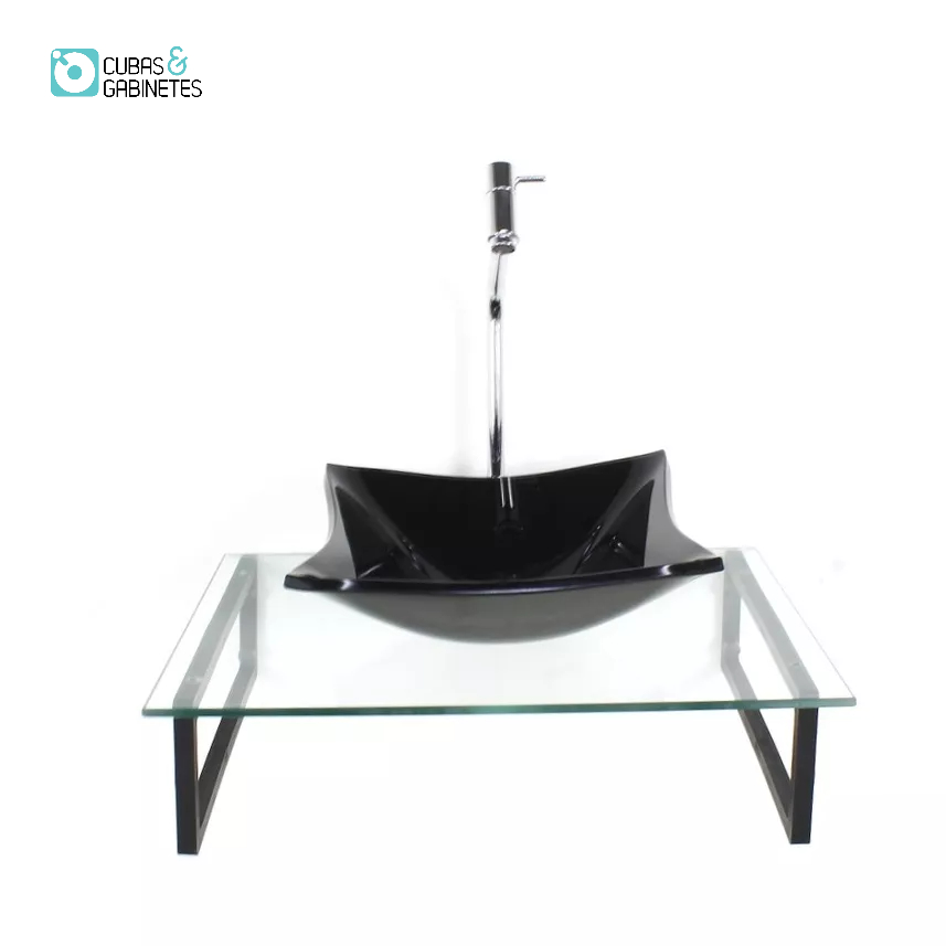 KIT CUBA DE VIDRO QUADRADA 10MM PRETA COM TAMPO 50CM INCOLOR E SUPORTE PRETO
