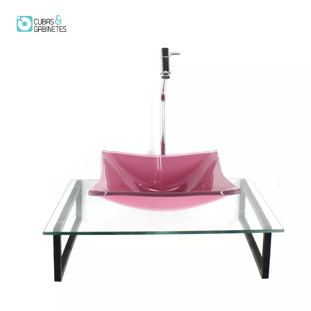 KIT CUBA DE VIDRO QUADRADA 10MM ROSA COM TAMPO 50CM INCOLOR E SUPORTE PRETO