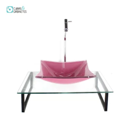 KIT CUBA DE VIDRO QUADRADA 10MM ROSA COM TAMPO 50CM INCOLOR E SUPORTE PRETO