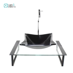 KIT CUBA DE VIDRO QUADRADA 10MM COM TAMPO 50CM PRETO E SUPORTE PRETO