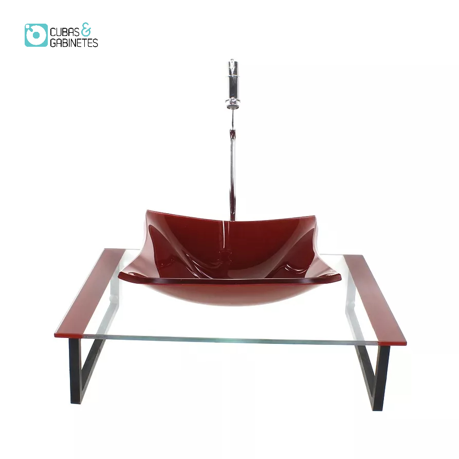 KIT CUBA DE VIDRO QUADRADA 10MM COM TAMPO 50CM VERMELHO CEREJA E SUPORTE PRETO