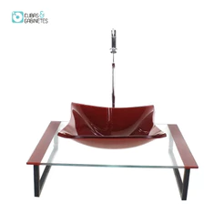 KIT CUBA DE VIDRO QUADRADA 10MM COM TAMPO 50CM VERMELHO CEREJA E SUPORTE PRETO