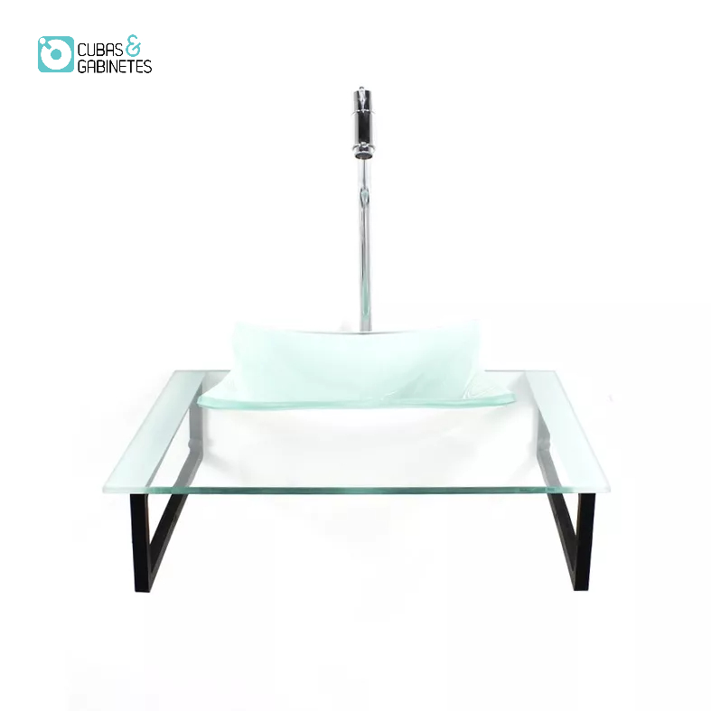 KIT CUBA DE VIDRO QUADRADA 10MM COM TAMPO 50CM BRANCO  E SUPORTE PRETO