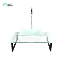KIT CUBA DE VIDRO QUADRADA 10MM COM TAMPO 50CM BRANCO E SUPORTE PRETO