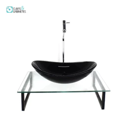 KIT CUBA DE VIDRO OVAL 10MM PRETA COM TAMPO 50CM INCOLOR E SUPORTE PRETO