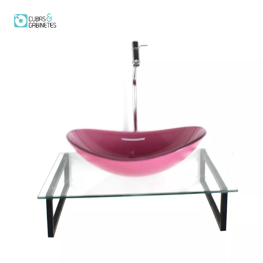KIT CUBA DE VIDRO OVAL 10MM ROSA COM TAMPO 50CM INCOLOR E SUPORTE PRETO
