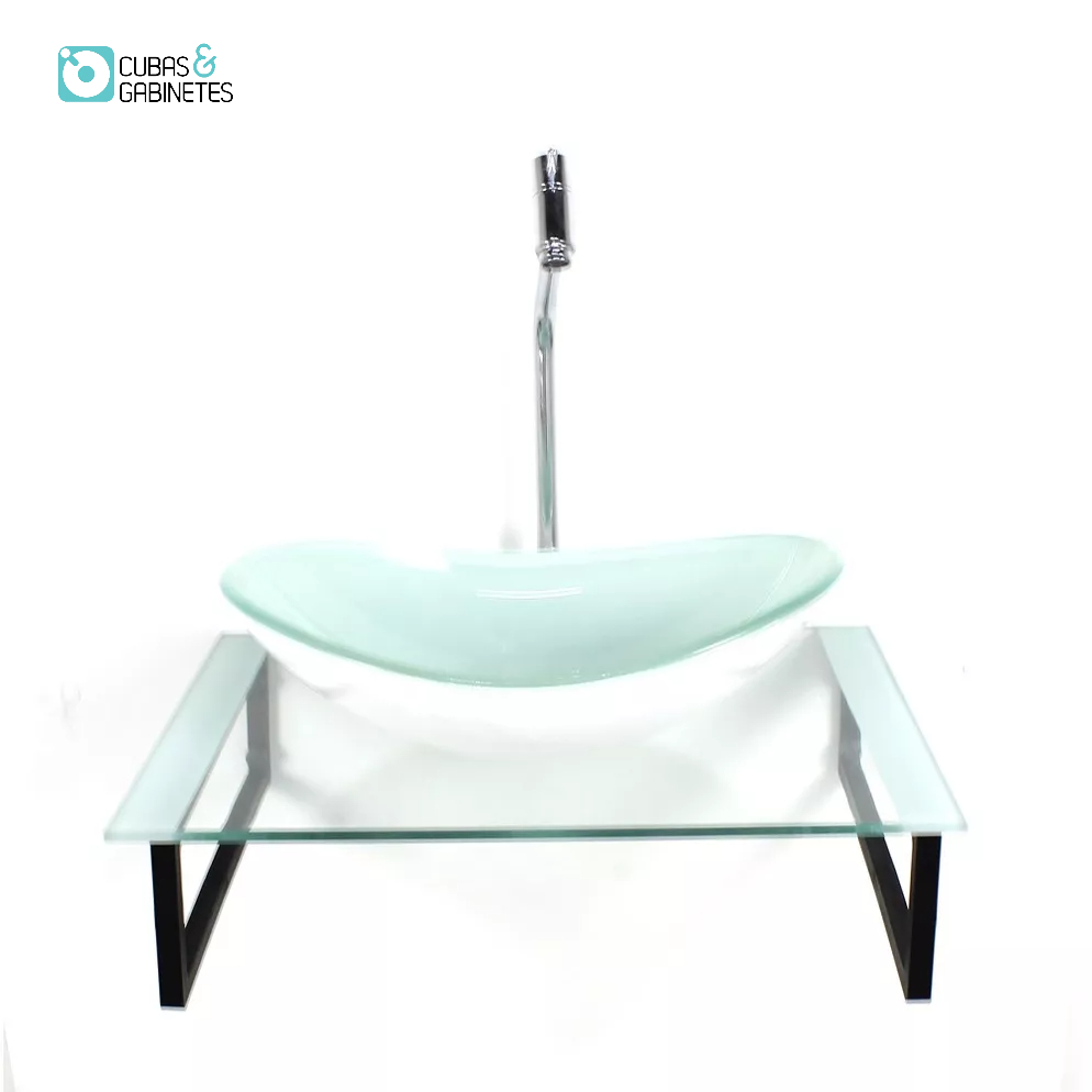 KIT CUBA DE VIDRO OVAL 10MM COM TAMPO 50CM BRANCO  E SUPORTE PRETO