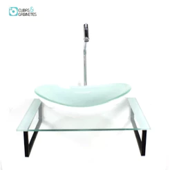 KIT CUBA DE VIDRO OVAL 10MM COM TAMPO 50CM BRANCO E SUPORTE PRETO
