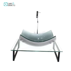 KIT CUBA DE VIDRO RETANGULAR 10MM PRATA COM TAMPO 50CM INCOLOR E SUPORTE PRETO