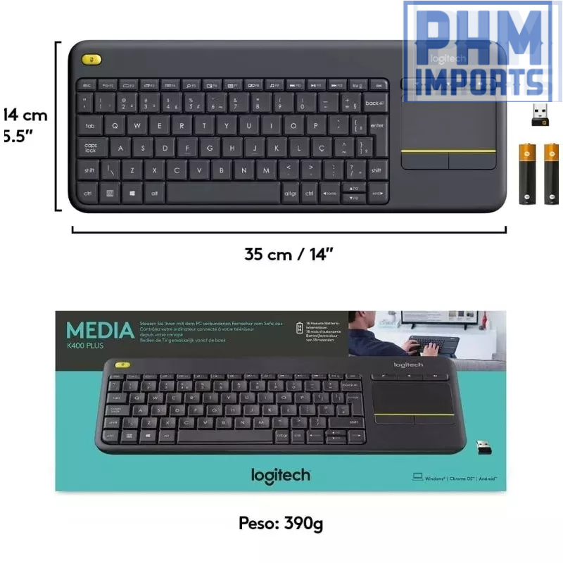 Teclado sem fio Logitech K400 Plus TV com Touchpad Integrado, Conexão USB Unifying e Layout ABNT2