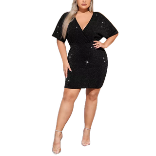 Vestido Colado Curto Manga Asa Morcego Lurex Brilho Plus Size