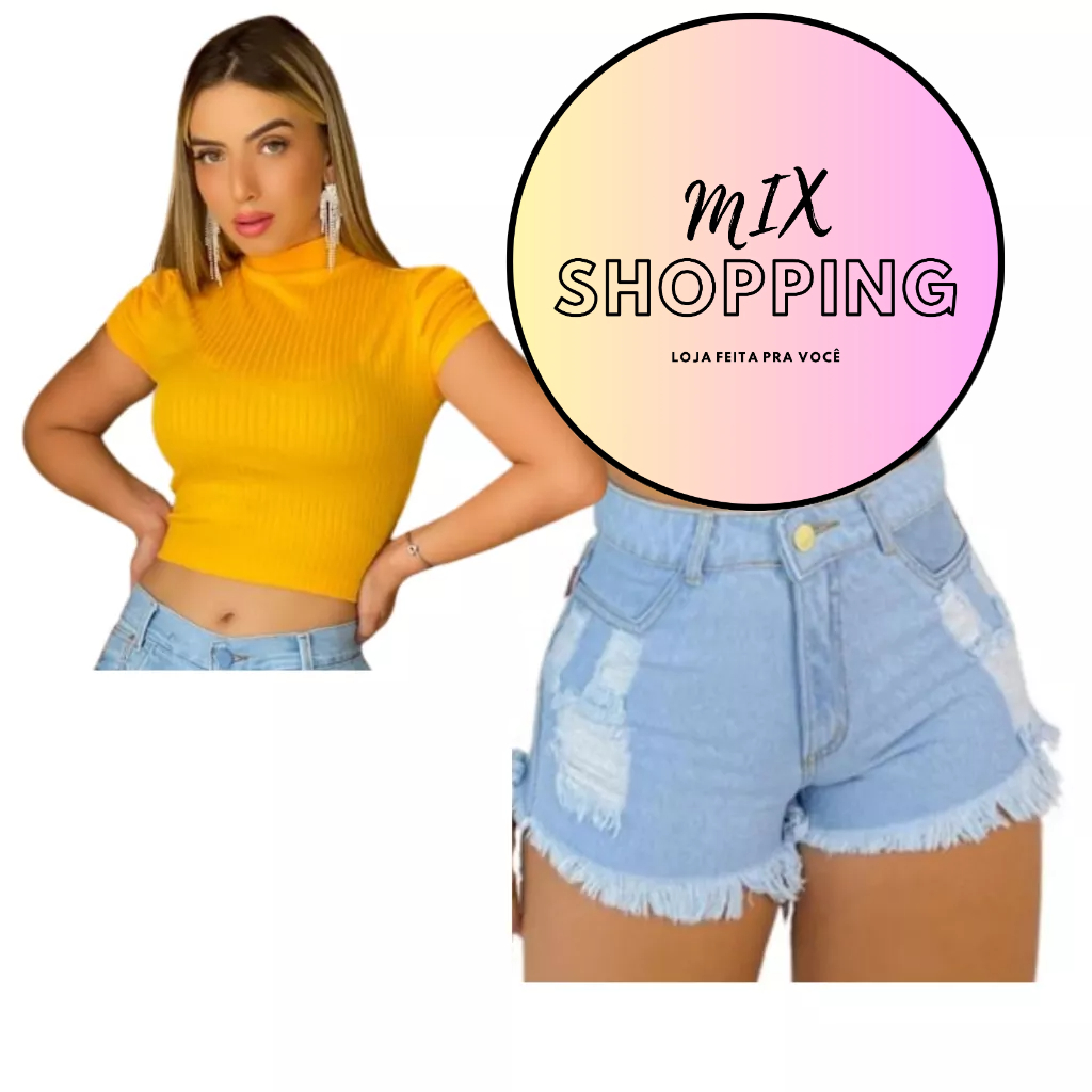 Kit 2  Blusinha Cropped canelado Gola alta com Lycra e Short Destroeyd Feminina Jeans sem Lycra