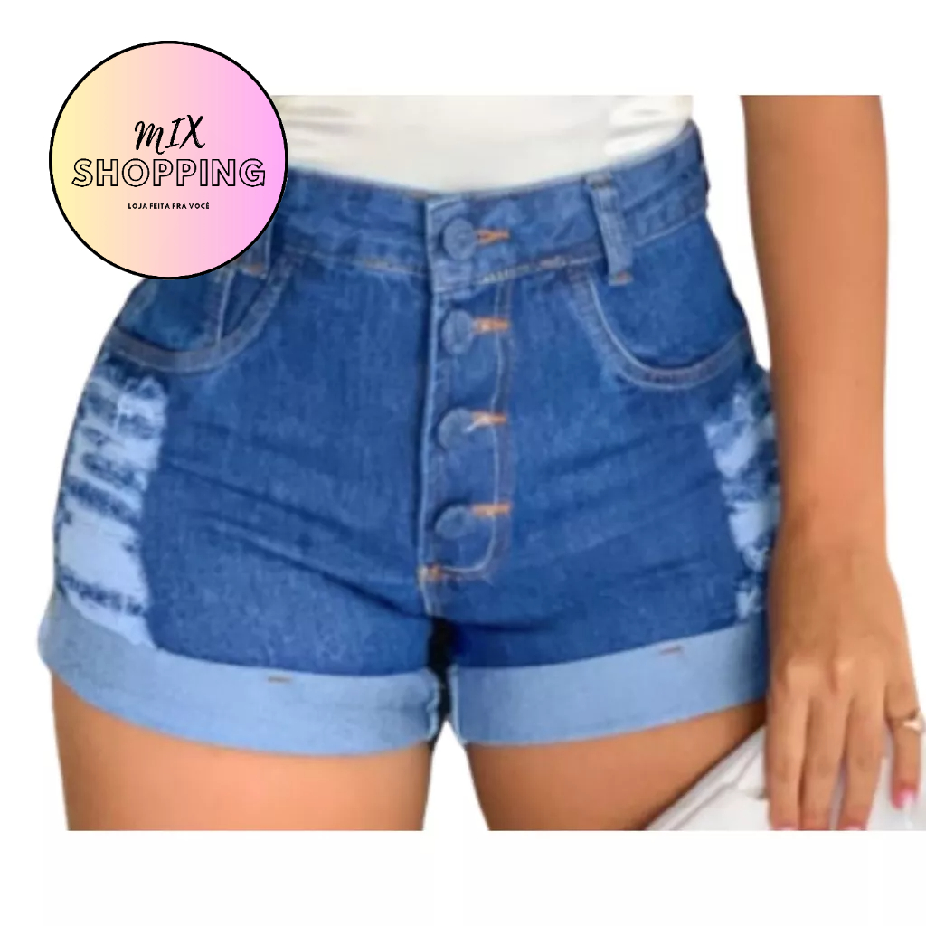 Short Jeans Feminino  destroyed de 4 Botões  Short curto Cintura Alta com Barra Dobrada