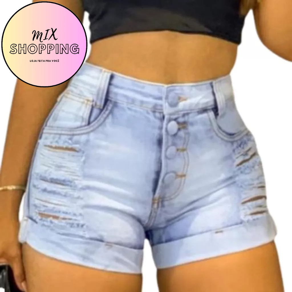 Short Jeans Feminino  Cintura Alta Jeans Rasgado Short Feito pra voce  100% Algodão