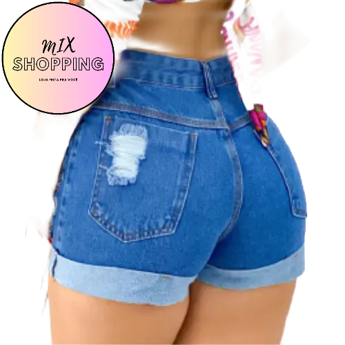 Short Barra Dobrada Short Jeans Shorts Cintura Alta, Cós Alto,Detonado, levanta o bumbum