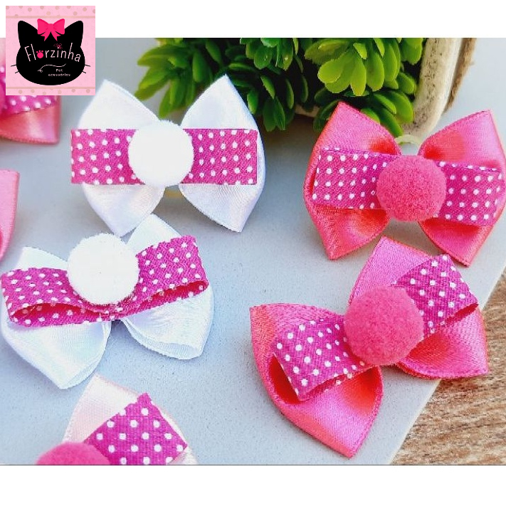 Lacinhos Pet Adesivo C/ Pompom P 4 Un - Laço Pet Pelo Curto Pet Shop Banho e Tosa