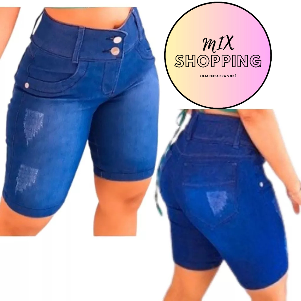 Bermudas Feminina Jeans com Lycra Short  Jeans Rasgado destroyed Jeans curto Feminino