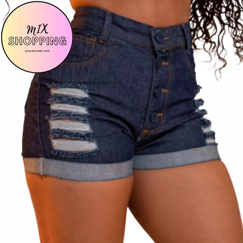 Bermuda Feminina Jeans Short Feminino Destroyed Cor  Escura Hot Pants Cintura Alta  100% algodão