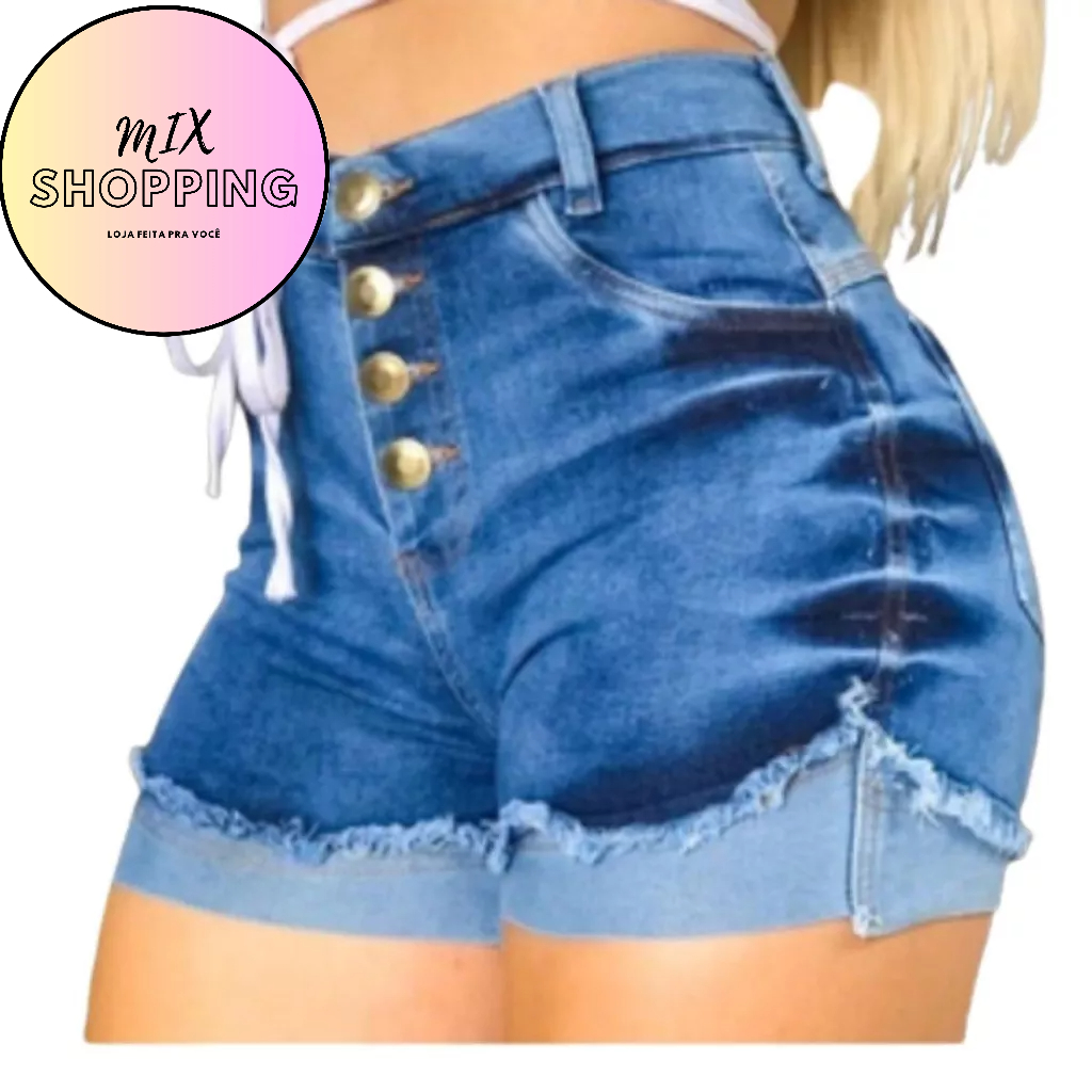 Short Feminino Jeans Curto Jeans Rasgado Bermuda Feminina  Cintura Alta  97% Algodão 3% Elastano