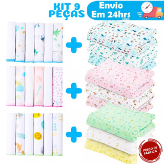 Kit 9 Peças Enxoval Bebe - 3 Cueiros Flanelados Estampados ou Lisos + 6 Paninho de boca 100% algodão